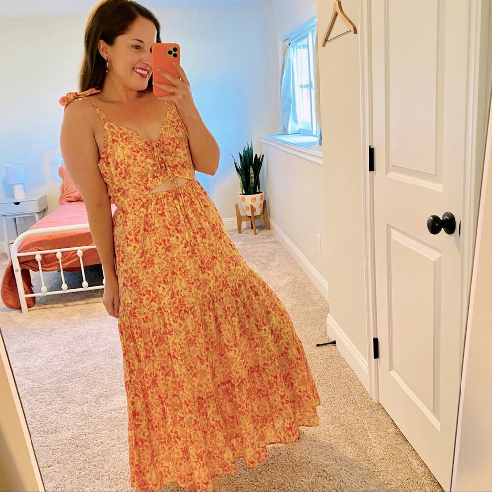 Banjanan Yellow Pink Floral Cutout Cotton Maxi Dress Small
